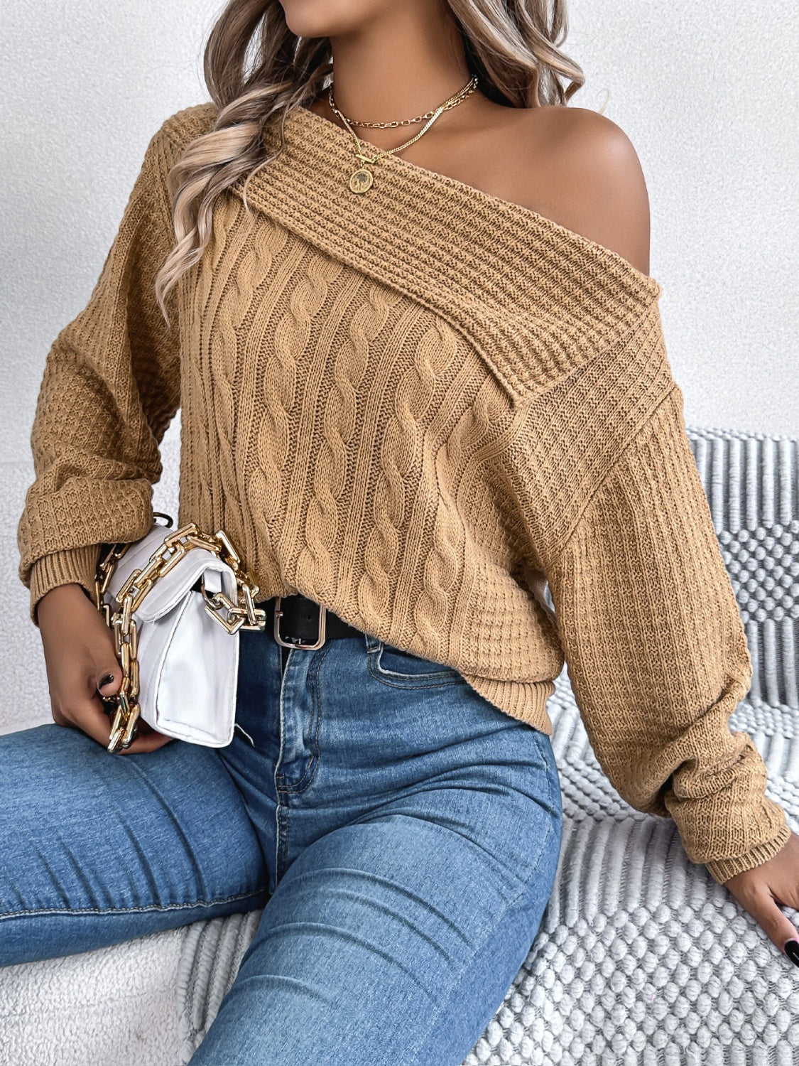 Olivia | Long sleeve cable knit sweater with one shoulder