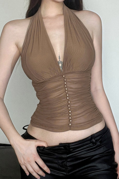 Sexy V Neck Halter Mesh Ruched Tank Top