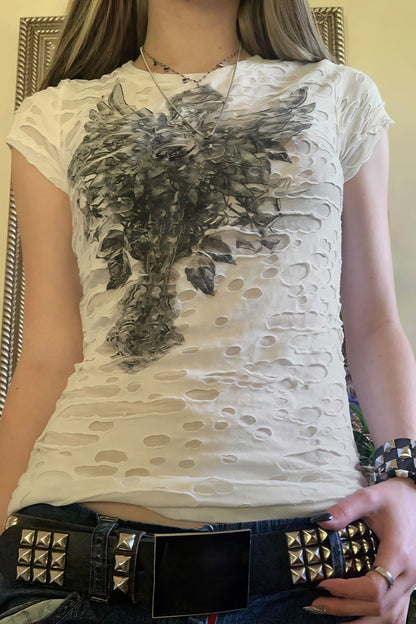 Gothic Dark Print Ripped Slim T-shirt