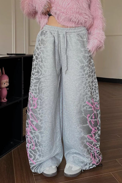 Retro Leopard Letter Embroidered Loose Pants