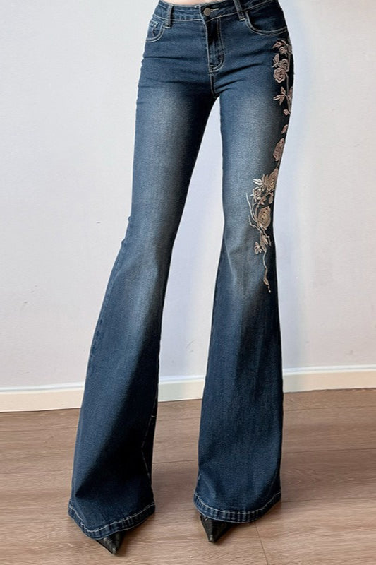 Vintage Gradient Rose Embroidery Bootcut Jeans