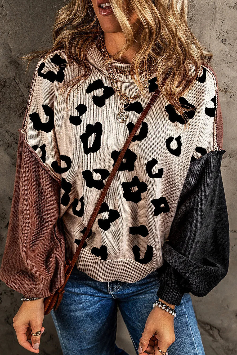 Renata | Long sleeve crew neck sweater with leopard print