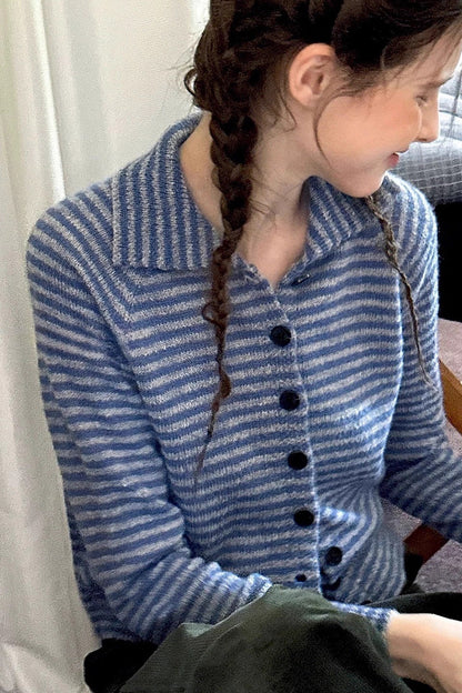 Color Block Striped Fitted Wool Knit Cardigan