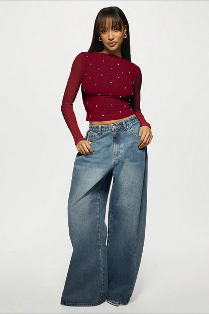 Double Layer Tulle Rhinestone Chic Long Sleeve Tee