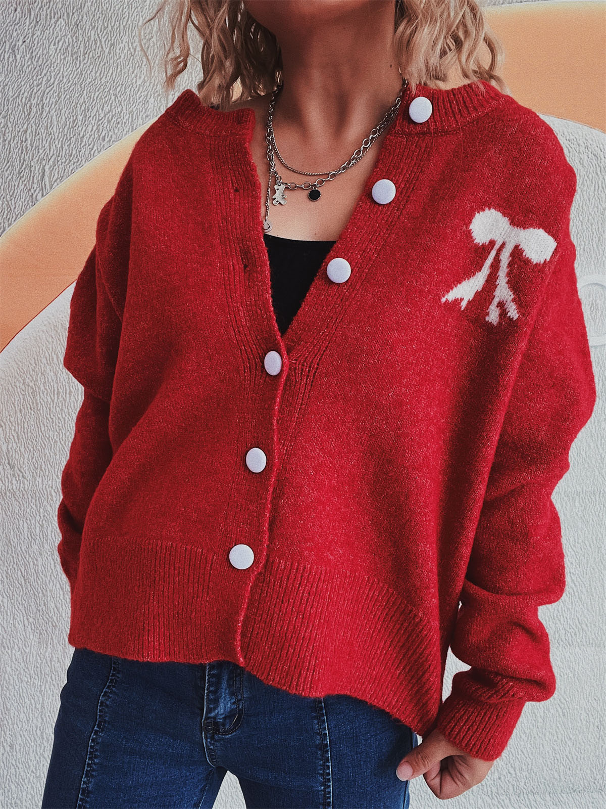 Beate | Long-sleeved cardigan with bow and round neckline and buttons