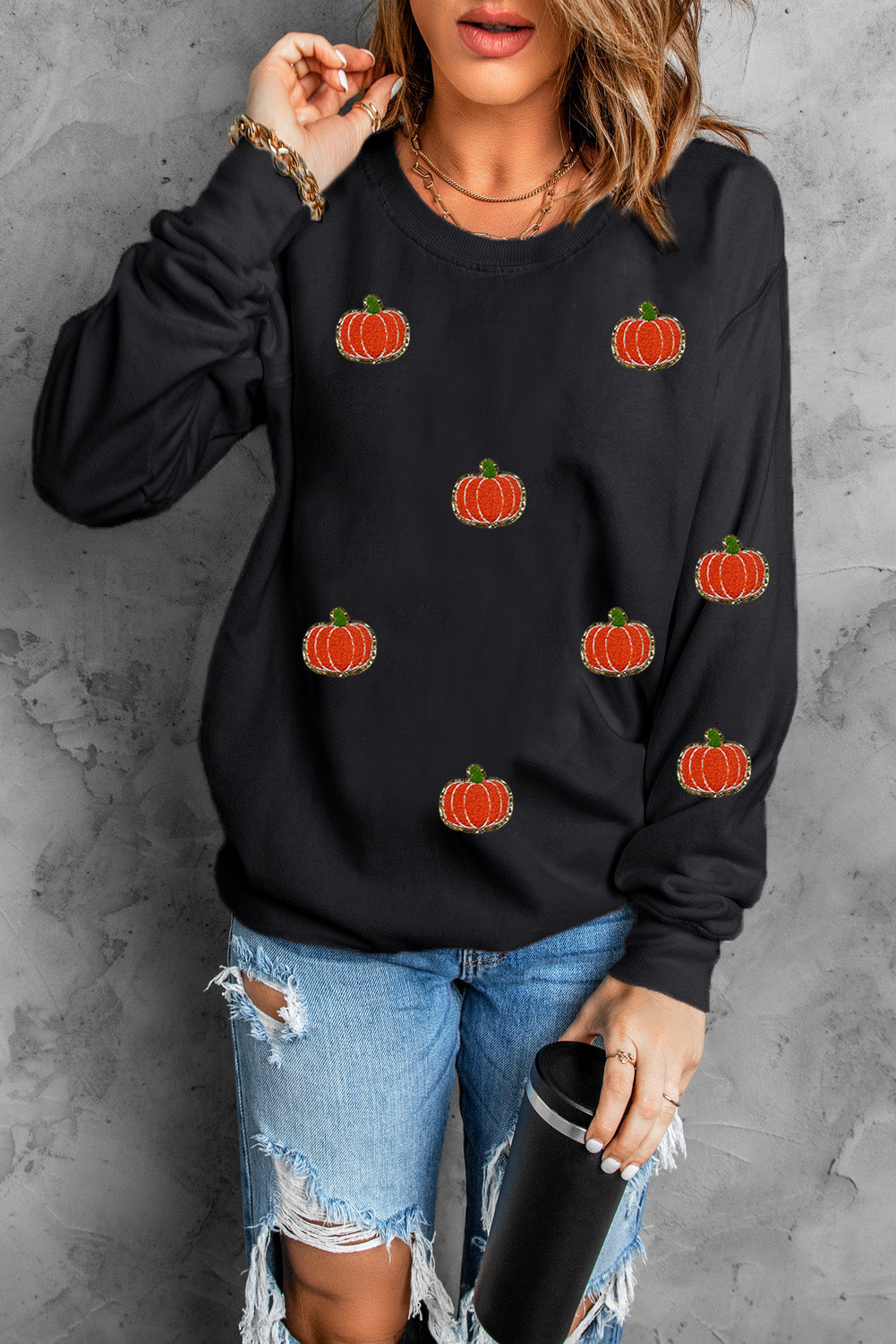 Flavia | Pumpkin long sleeve crew neck sweatshirt