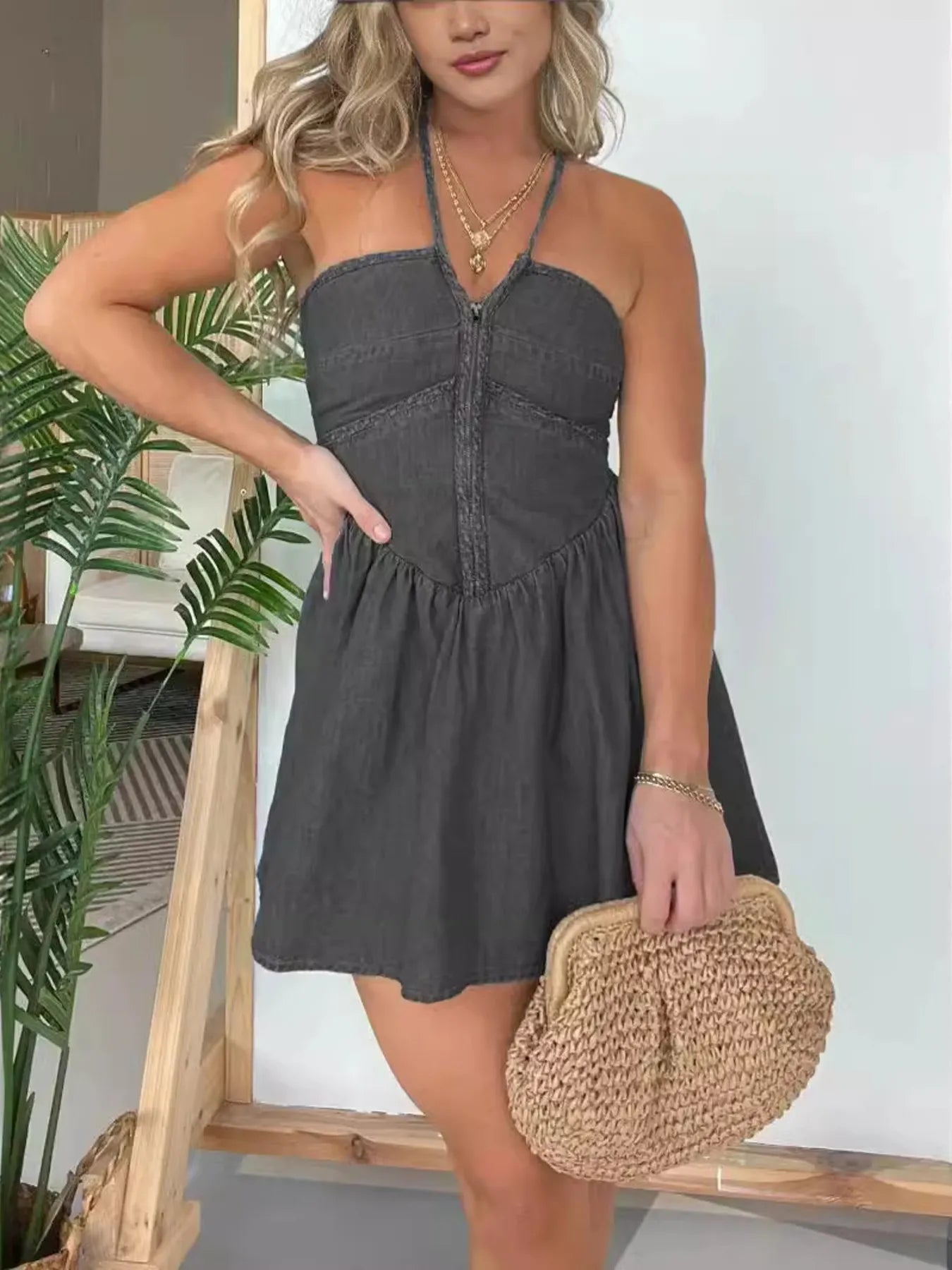 Lara® | Casual Lace Halter Neck Denim Dress