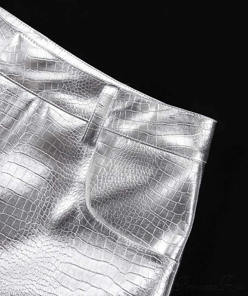 Silver PU Leather Scale High Waist Straight Pants