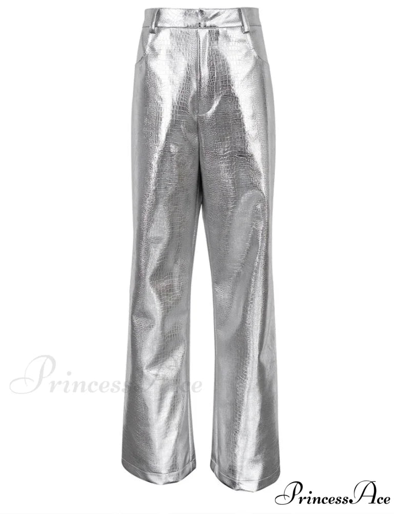 Silver PU Leather Scale High Waist Straight Pants