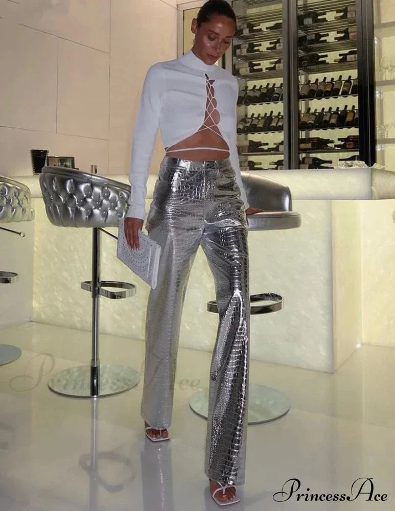 Silver PU Leather Scale High Waist Straight Pants