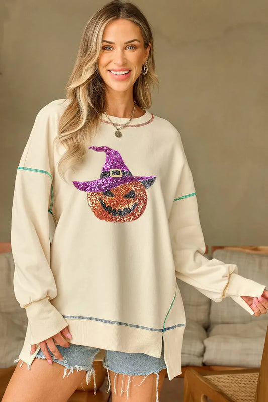 Hilda | Pumpkin crew neck long sleeve sweatshirt with sequins and contrast stitching