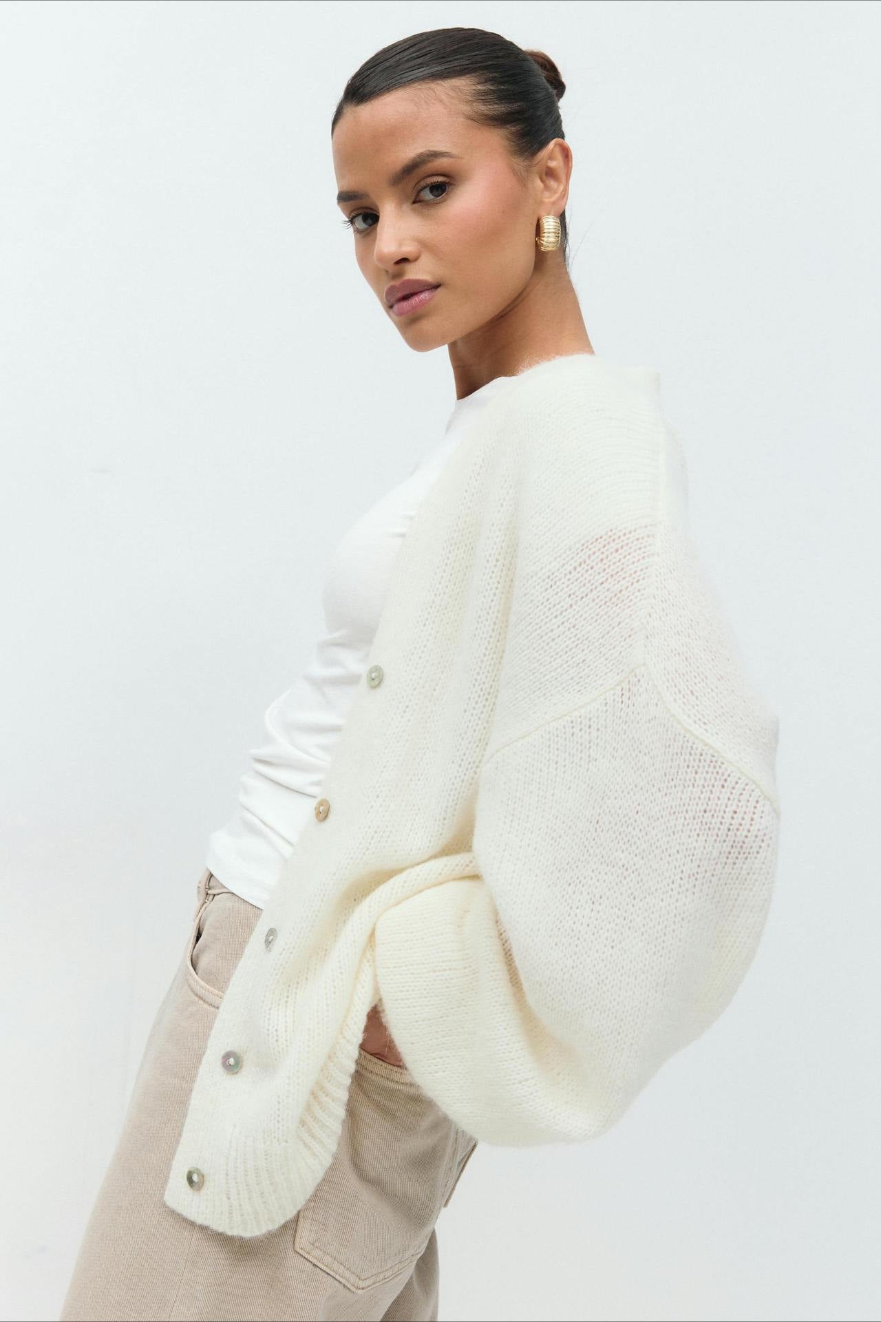 V-Neck Mohair Lace Bell Sleeve Cardigan