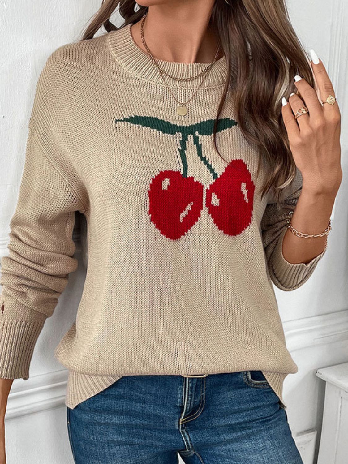 Cintia | Perfee Cherry crew neck long sleeve sweater