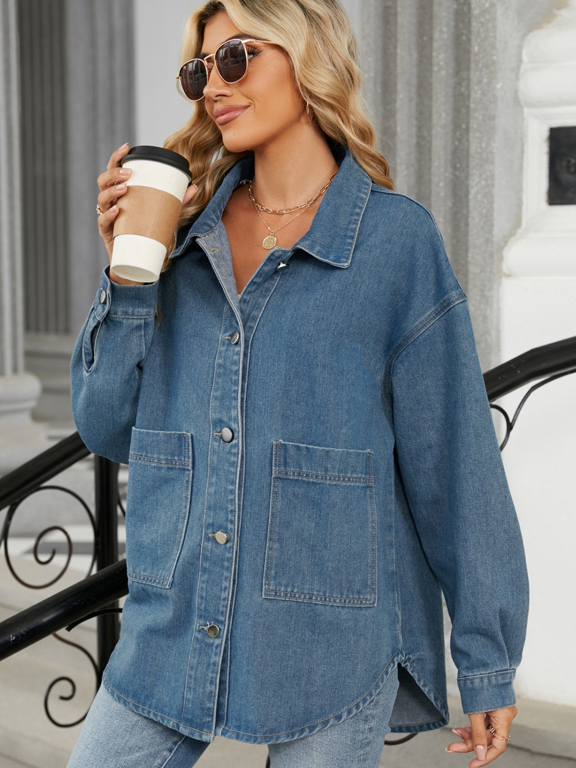 Claudine | Long-sleeved denim jacket with detachable hood and button placket