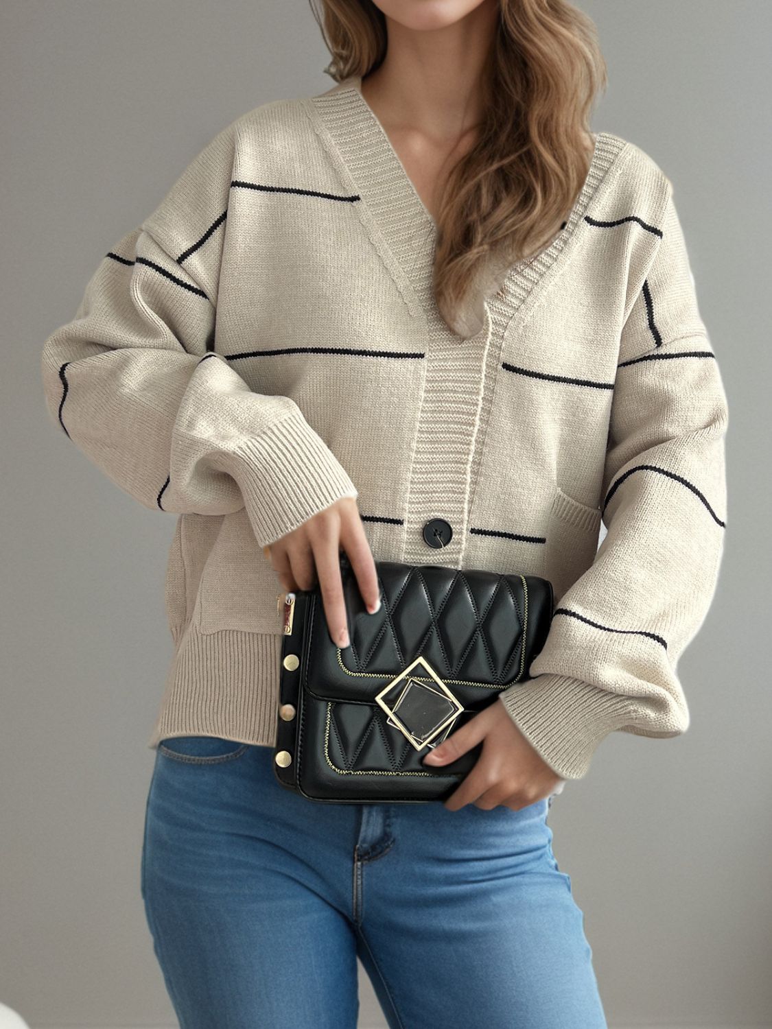 Flavia | Striped, long-sleeved cardigan with button placket and V-neck