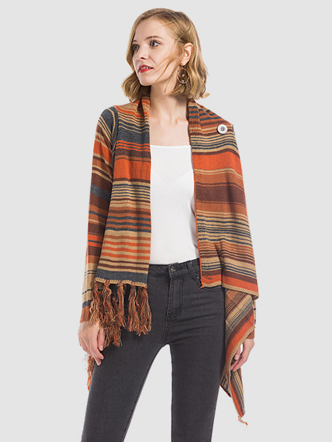 Dagny | Long sleeve cardigan with tassel stripes and open front
