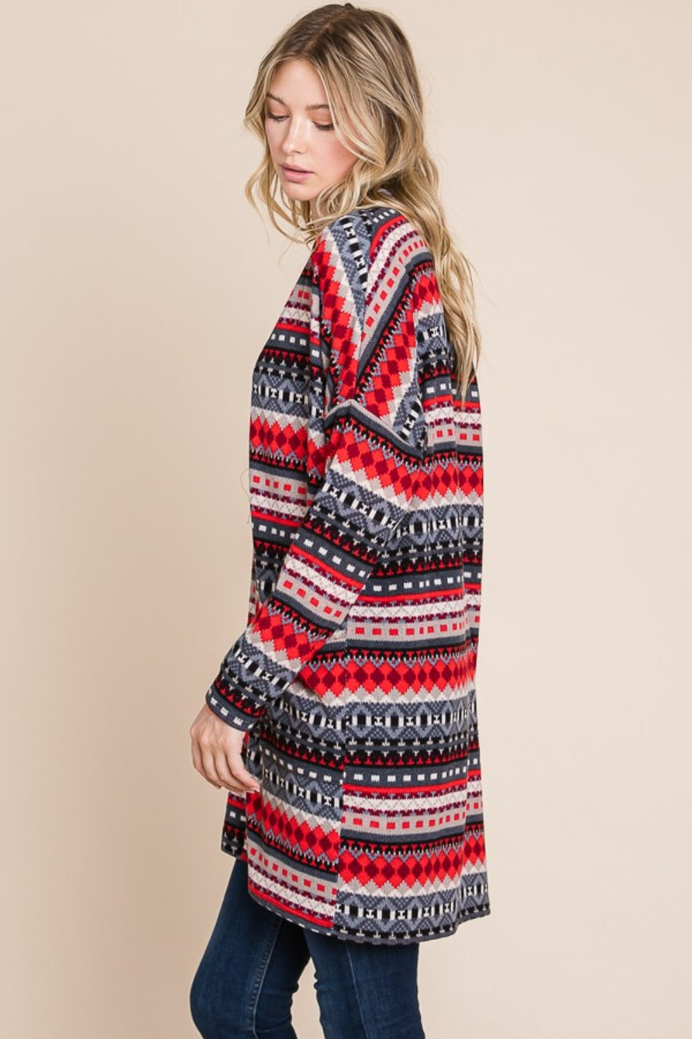 Magda | Geometric open front long sleeve cardigan with pockets