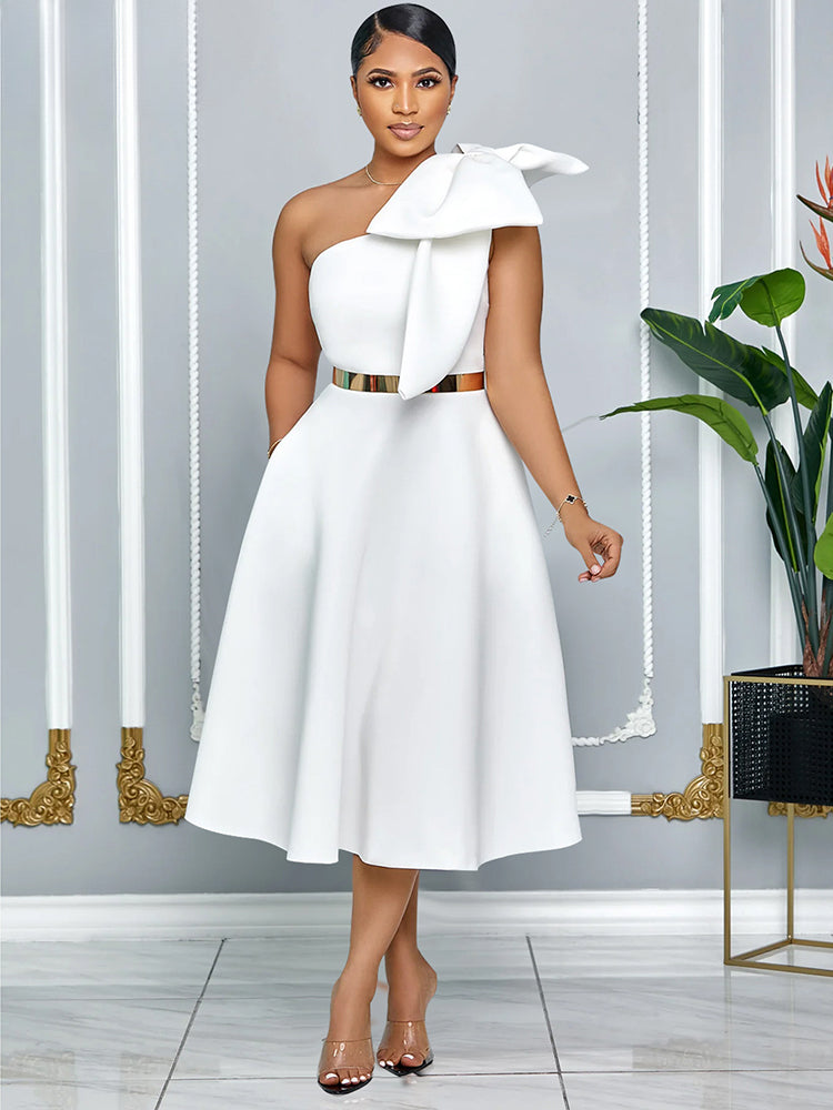 Elegant A Line Pleated One Shoulder Bow Red Party Dress