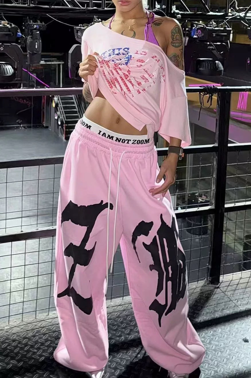 Drapey Letter Graphic Drawcord Curved Sweat Pants