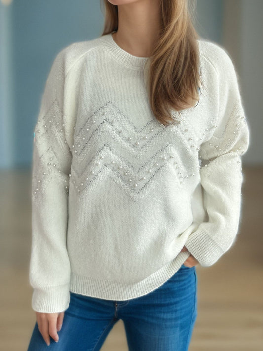 Concepcion | Round neck sweater with raglan sleeves and pearl trim