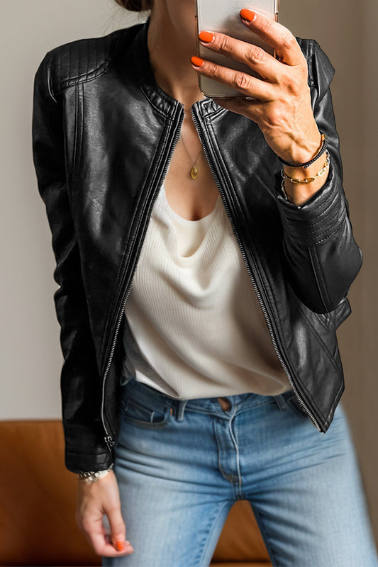 Yasmina | PU leather long sleeve jacket with crew neck