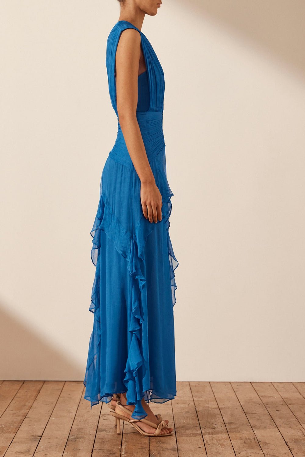 Reina® | Pleated Round Neck Maxi Dress With Ruffles