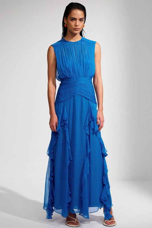 Reina® | Pleated Round Neck Maxi Dress With Ruffles