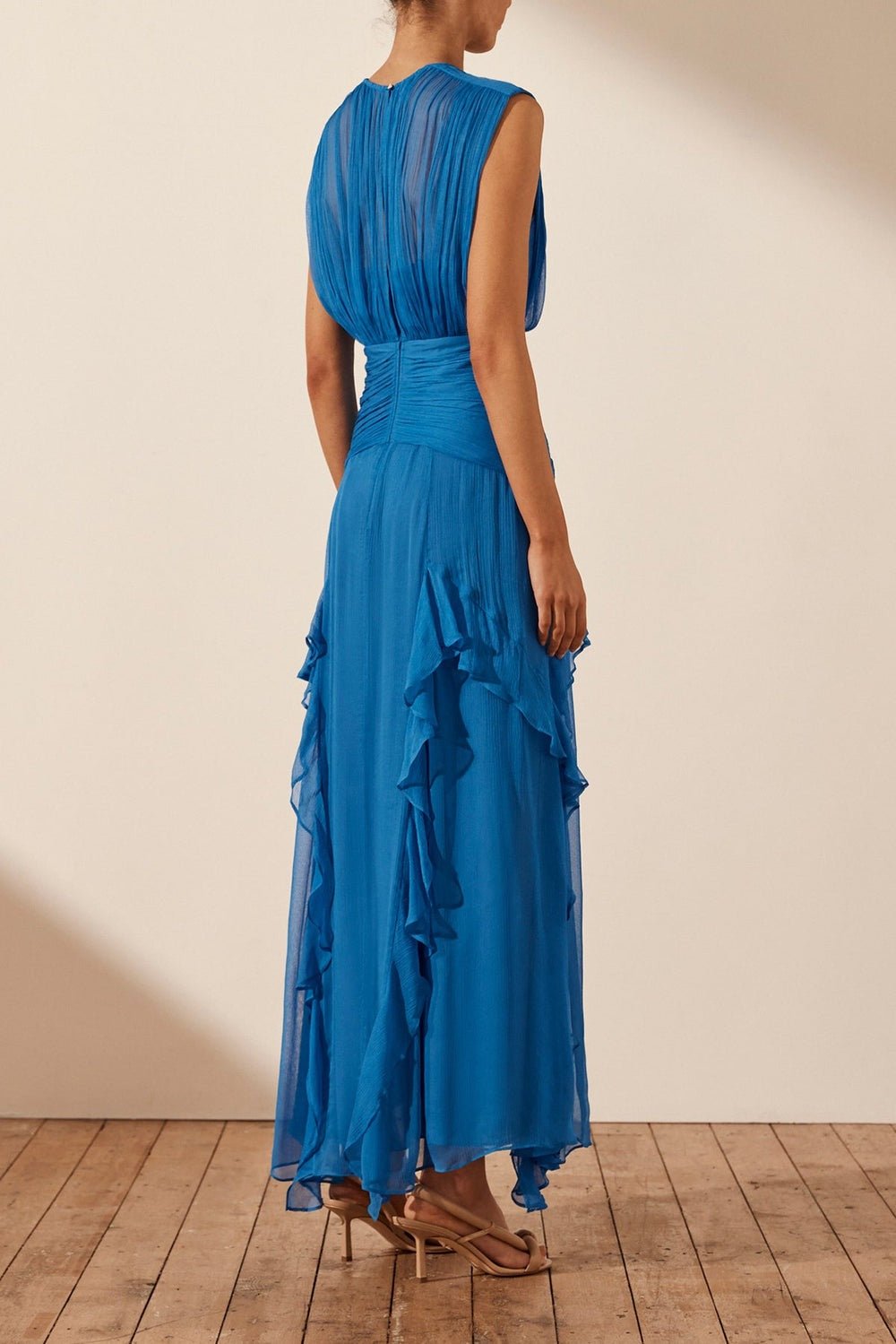 Reina® | Pleated Round Neck Maxi Dress With Ruffles