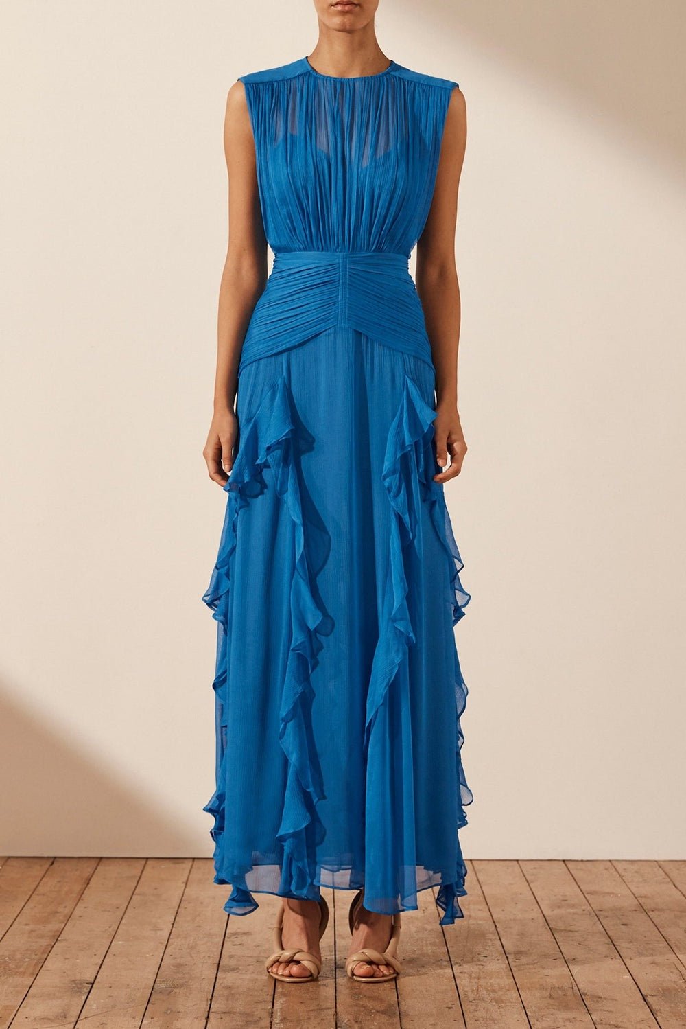 Reina® | Pleated Round Neck Maxi Dress With Ruffles