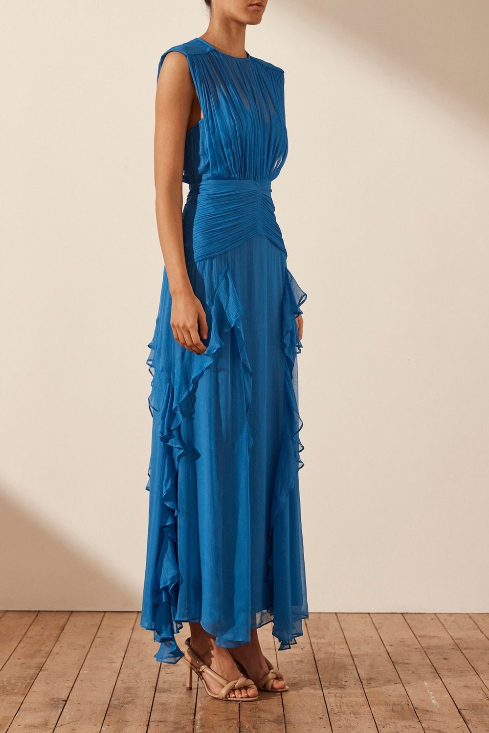 Reina® | Pleated Round Neck Maxi Dress With Ruffles