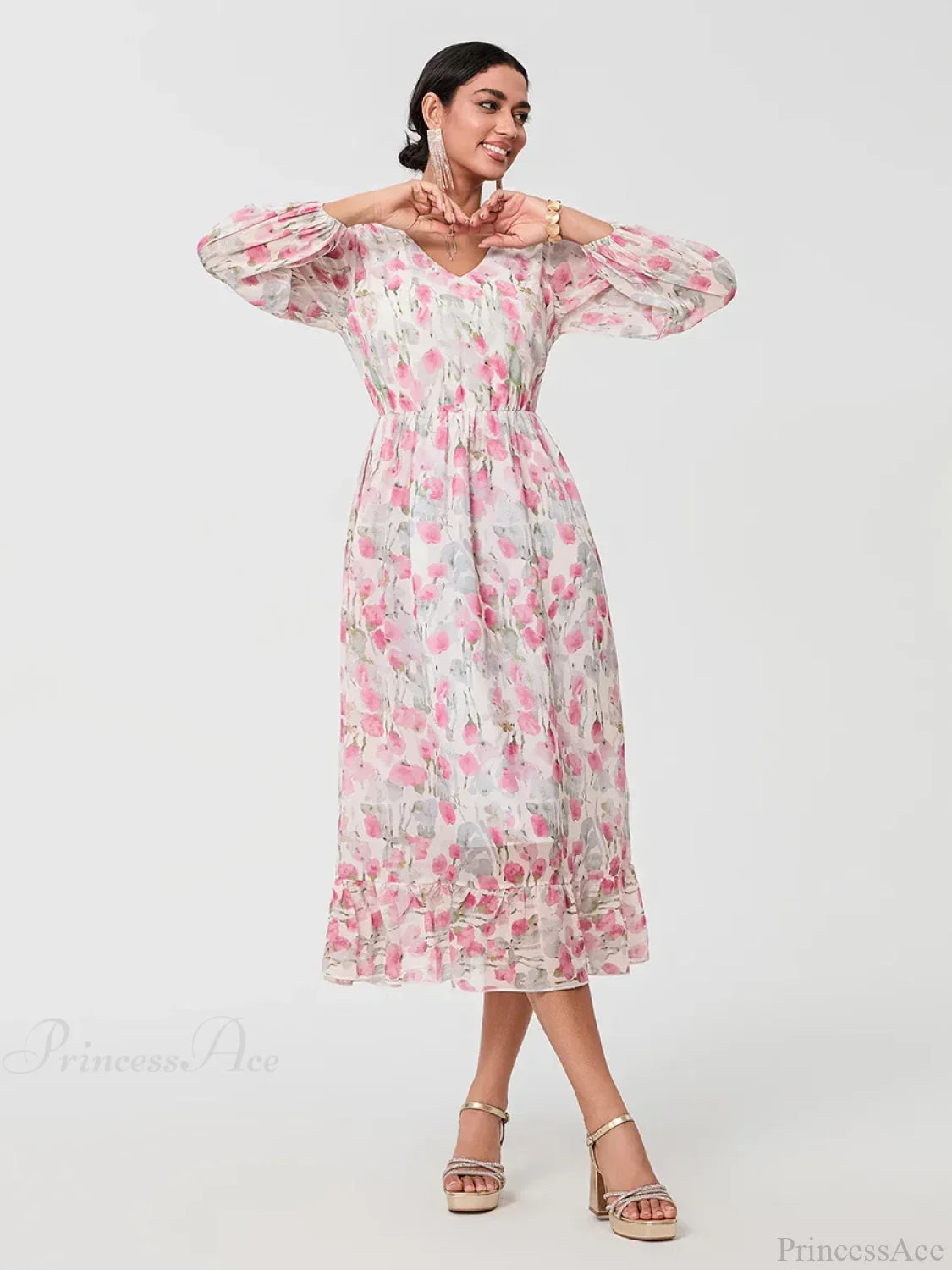 Elegant Floral Flowing Long Sleeve A-Line Floral Dress