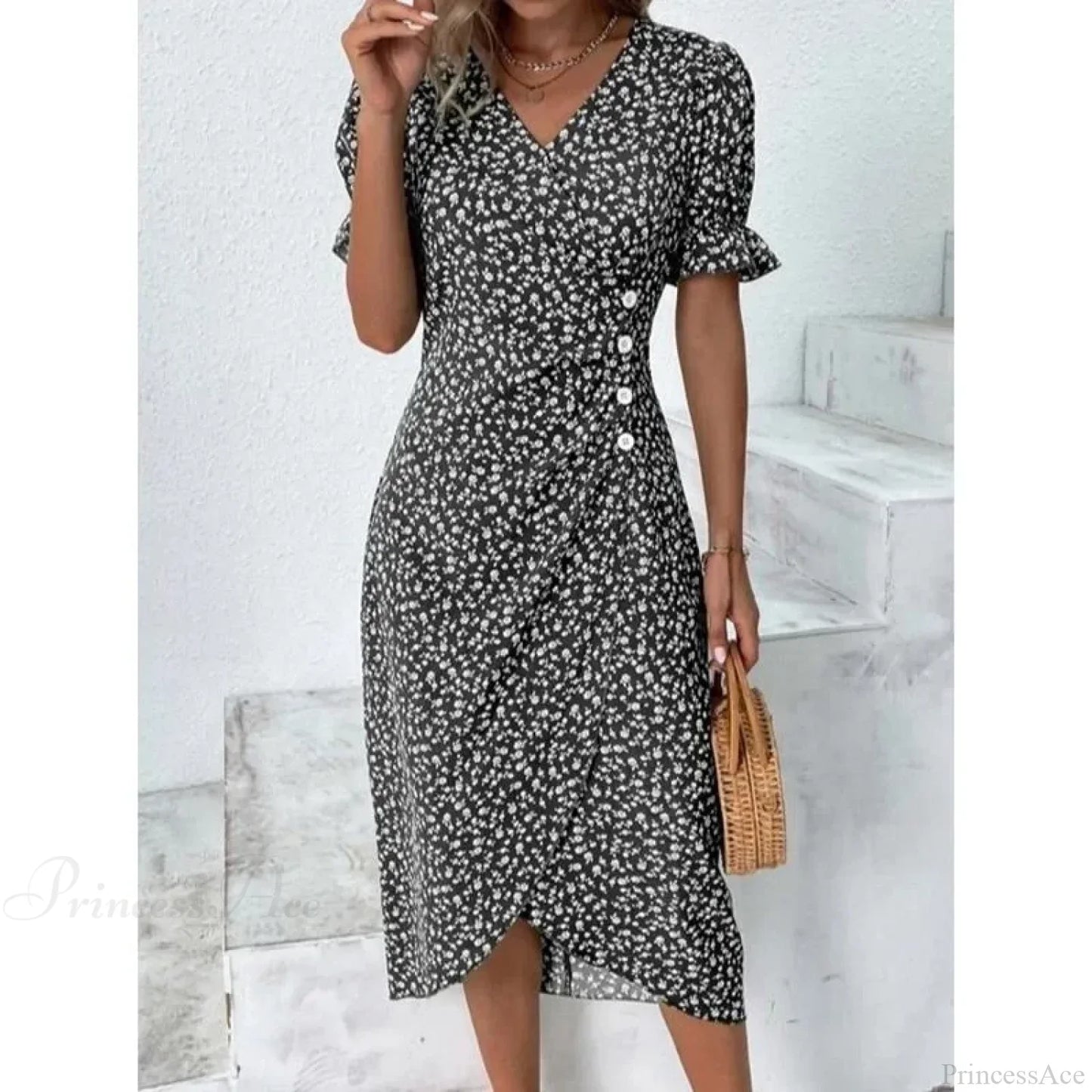 Elegant Floral Midi Puff Sleeve Ruched Waist Floral Dress