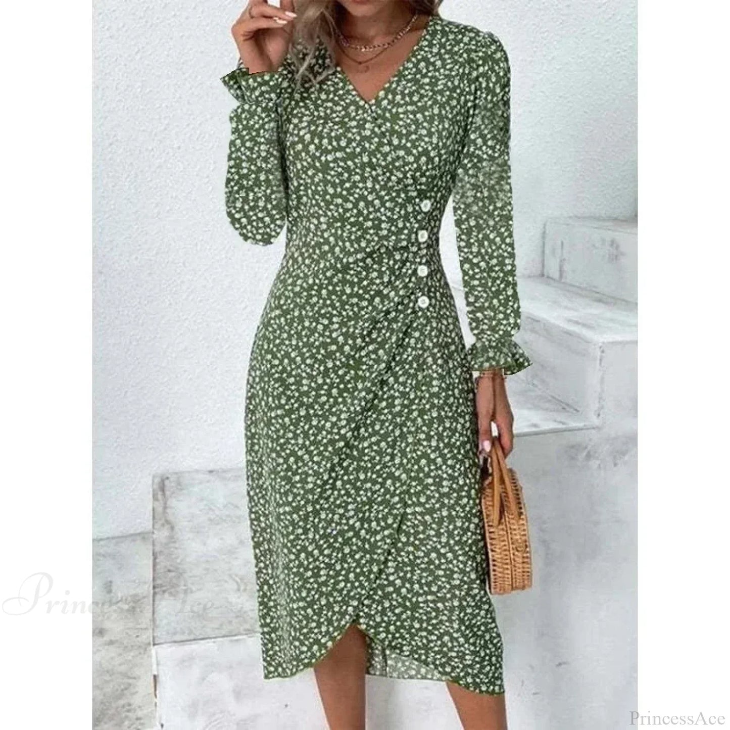 Elegant Floral Midi Puff Sleeve Ruched Waist Floral Dress
