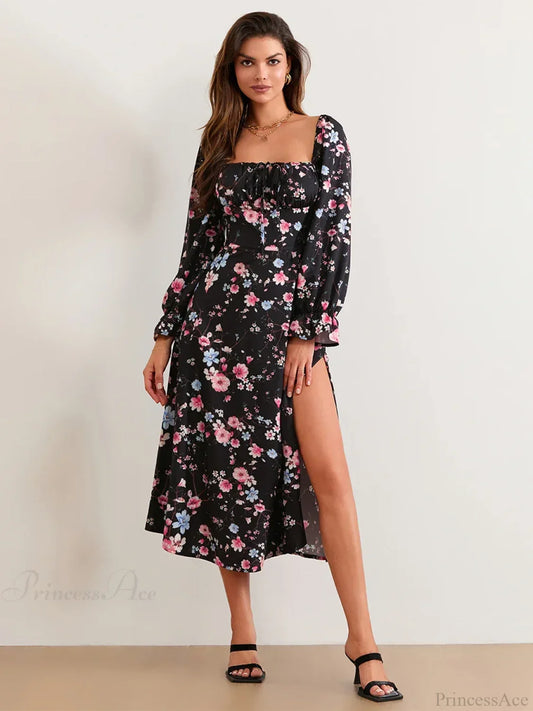 Elegant Floral Midi Puff Sleeve Square Neck Floral Dress
