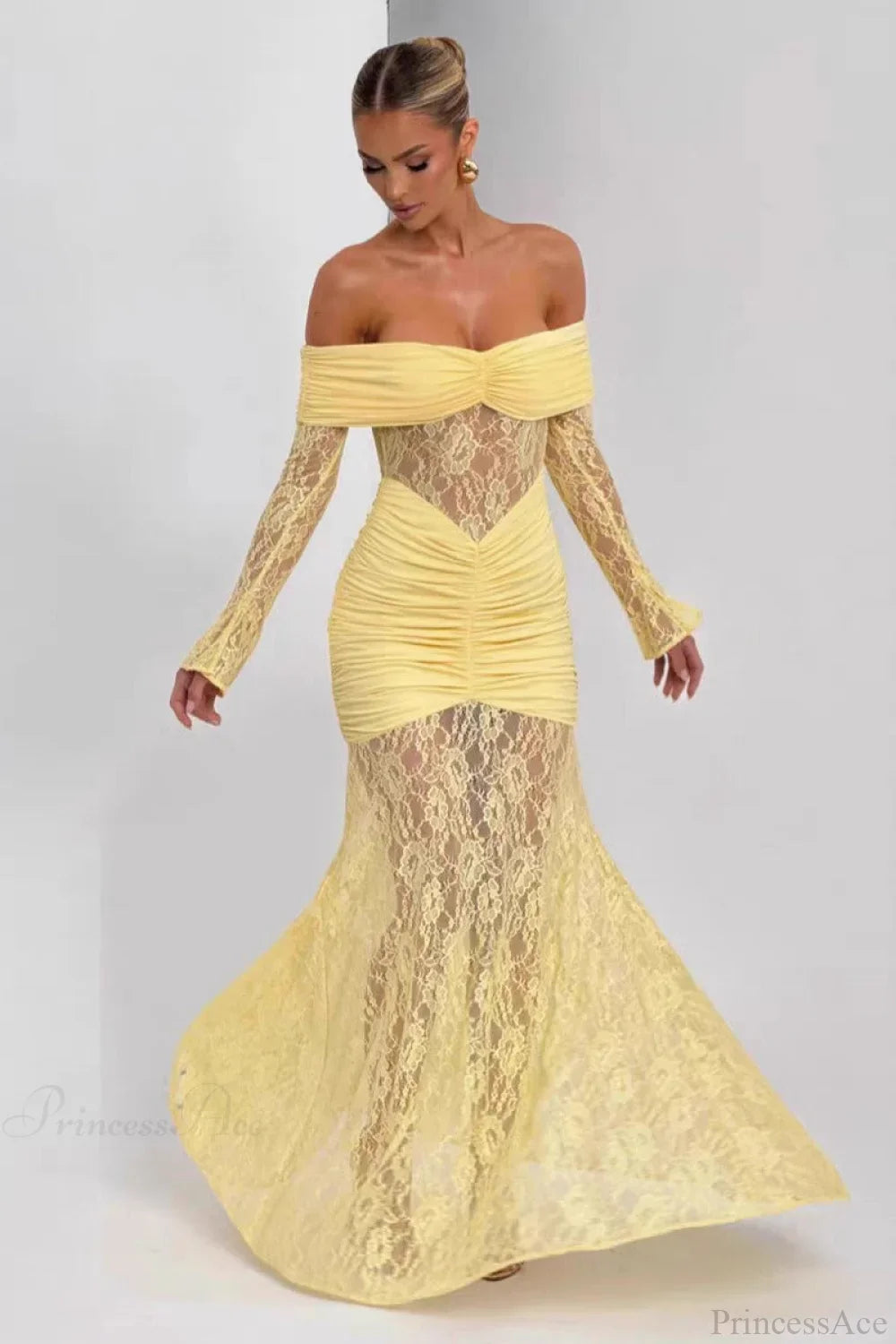 Elegant Lace Off-the-Shoulder Long Sleeve Bodycon Evening Dress