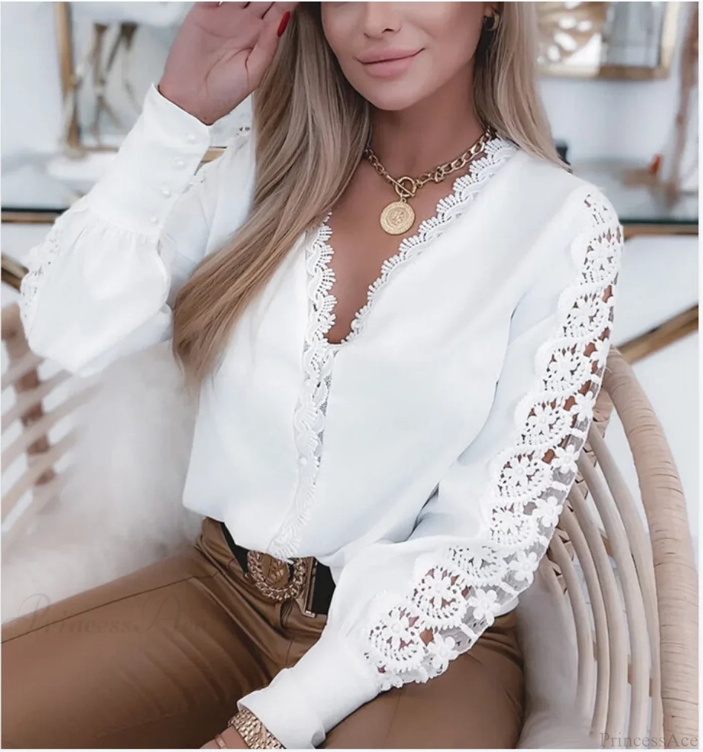 Elegant Lace Patchwork White Blouse