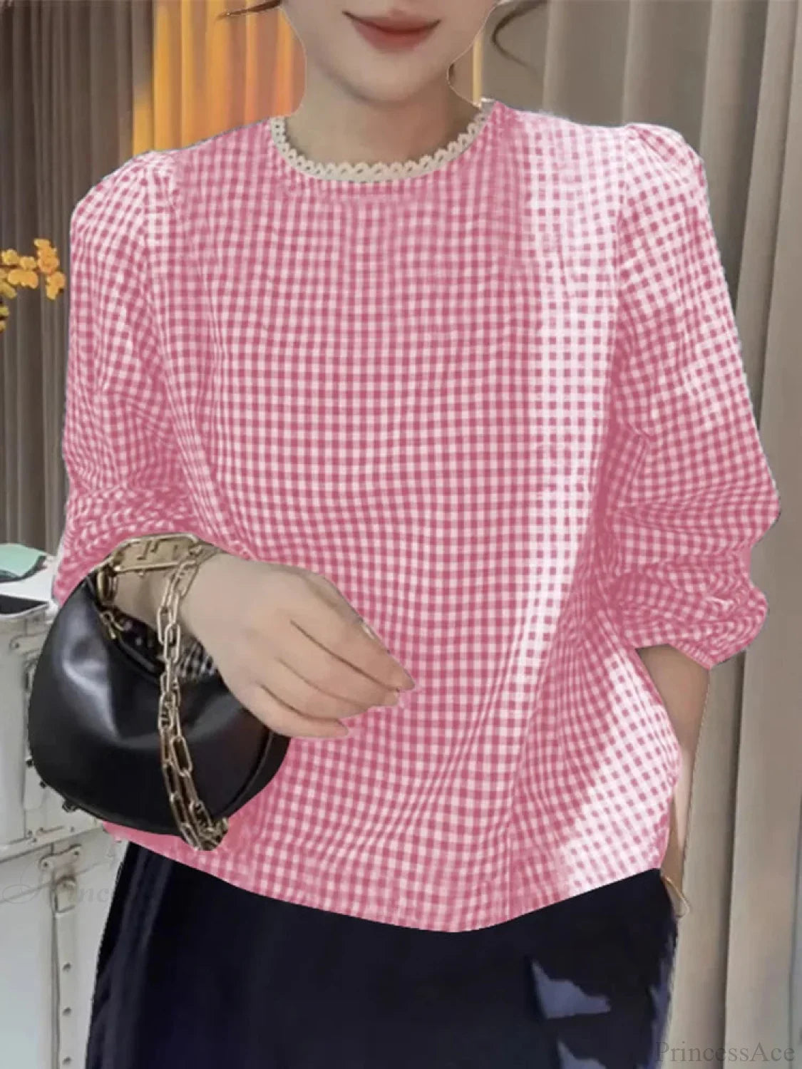 Elegant Lace Trim O Neck Checked Puff Sleeve Smock Blouse