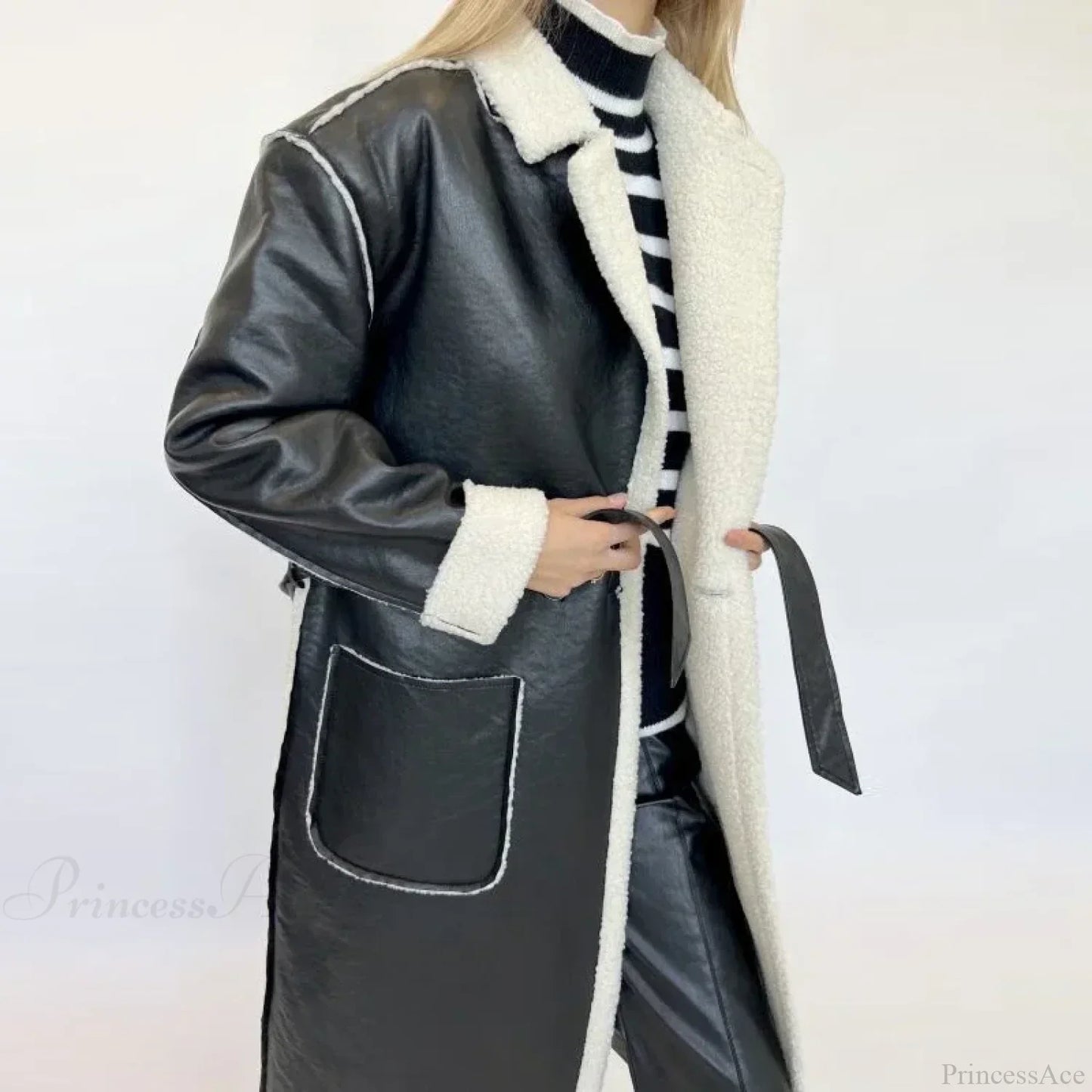 Elegant Lamb Wool PU Leather Belted Overcoat