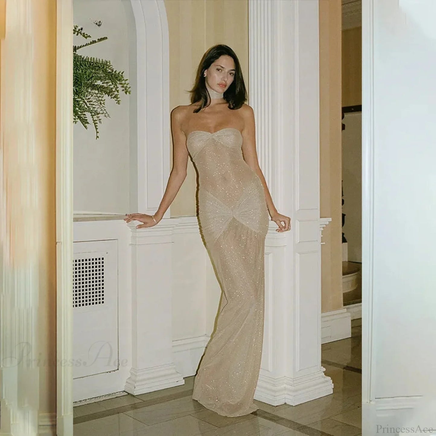 Elegant Off-Shoulder Glitter Fishtail Maxi Dress