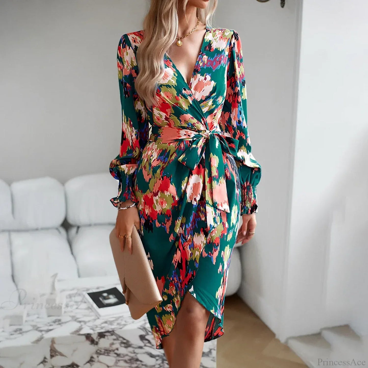 Elegant V-neck Long Boho Printed Dress