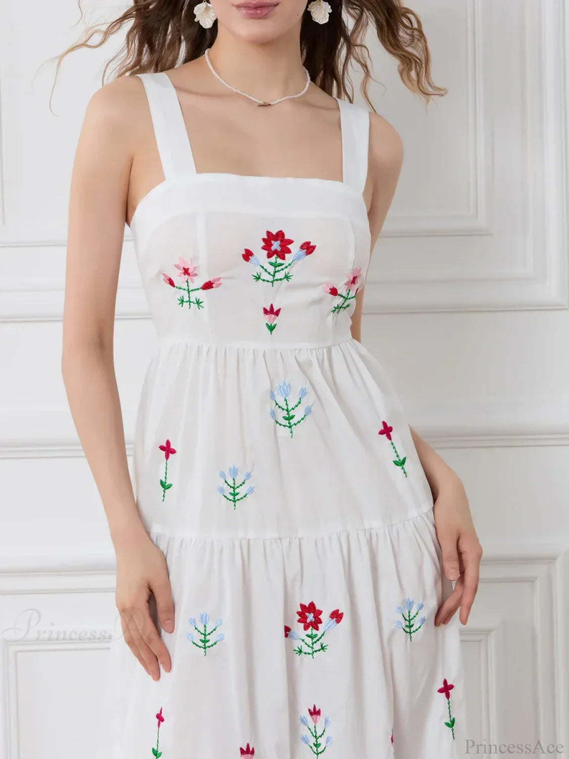 Embroidered Flower Ruched Tiered Slip Floral Dress