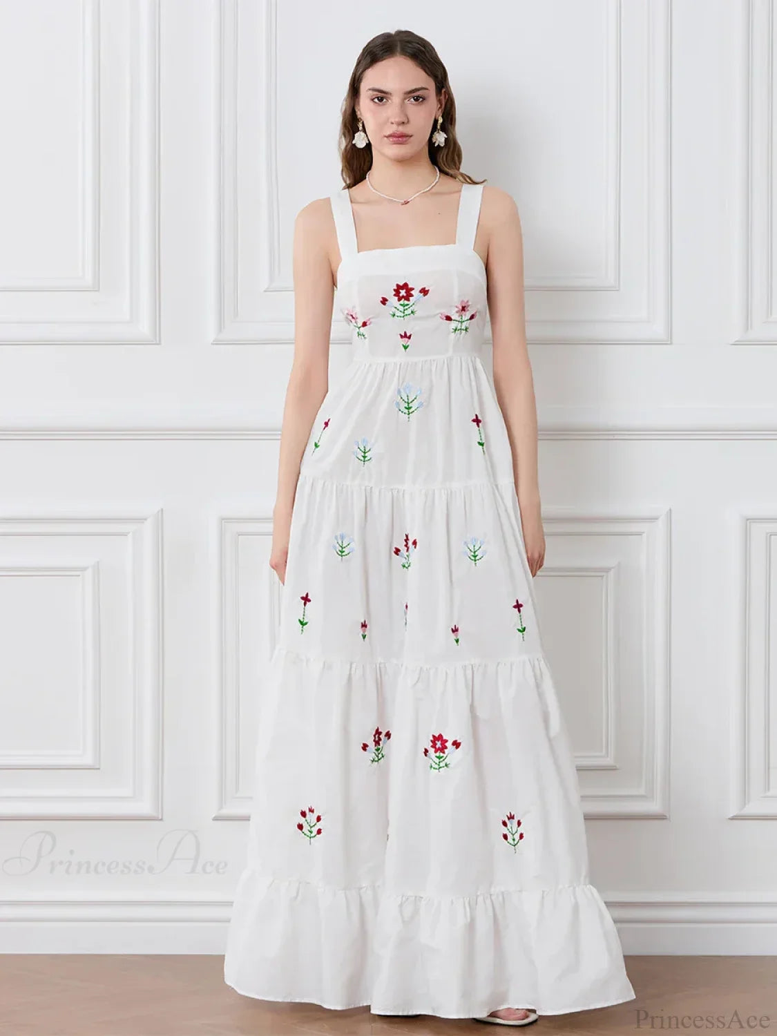 Embroidered Flower Ruched Tiered Slip Floral Dress