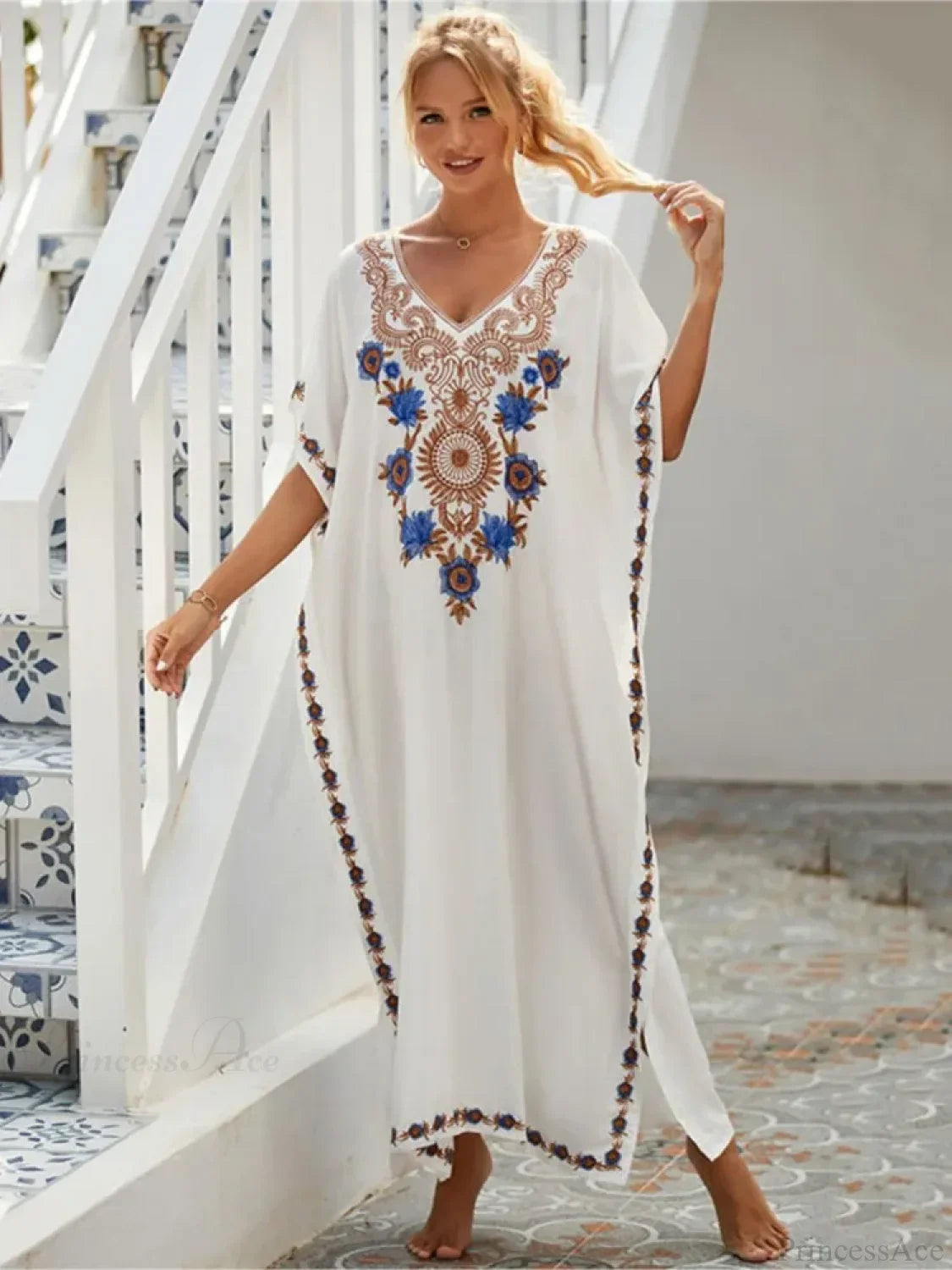 Embroidered Kaftan Beach Vacation Floral Dress