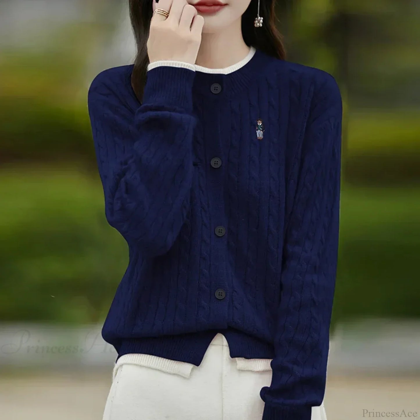 Embroidered Little Bear Loose Cashmere O-Neck Cardigan