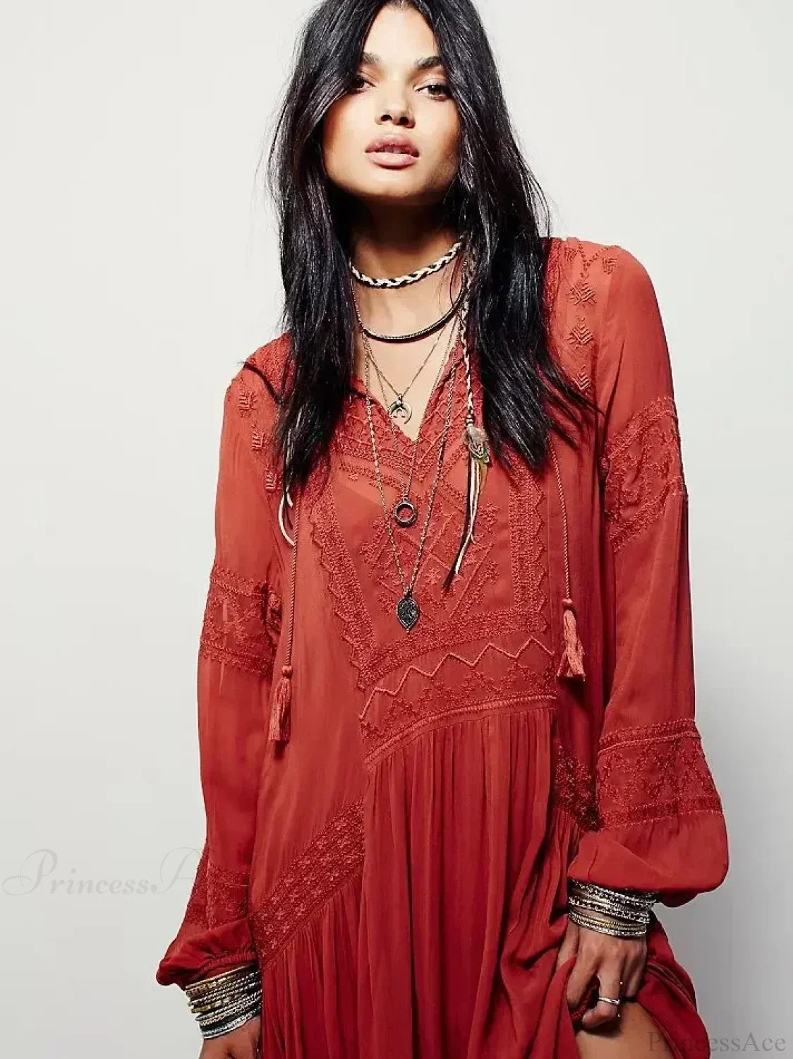 Embroidery Flower V-neck Split Mini Boho Dress