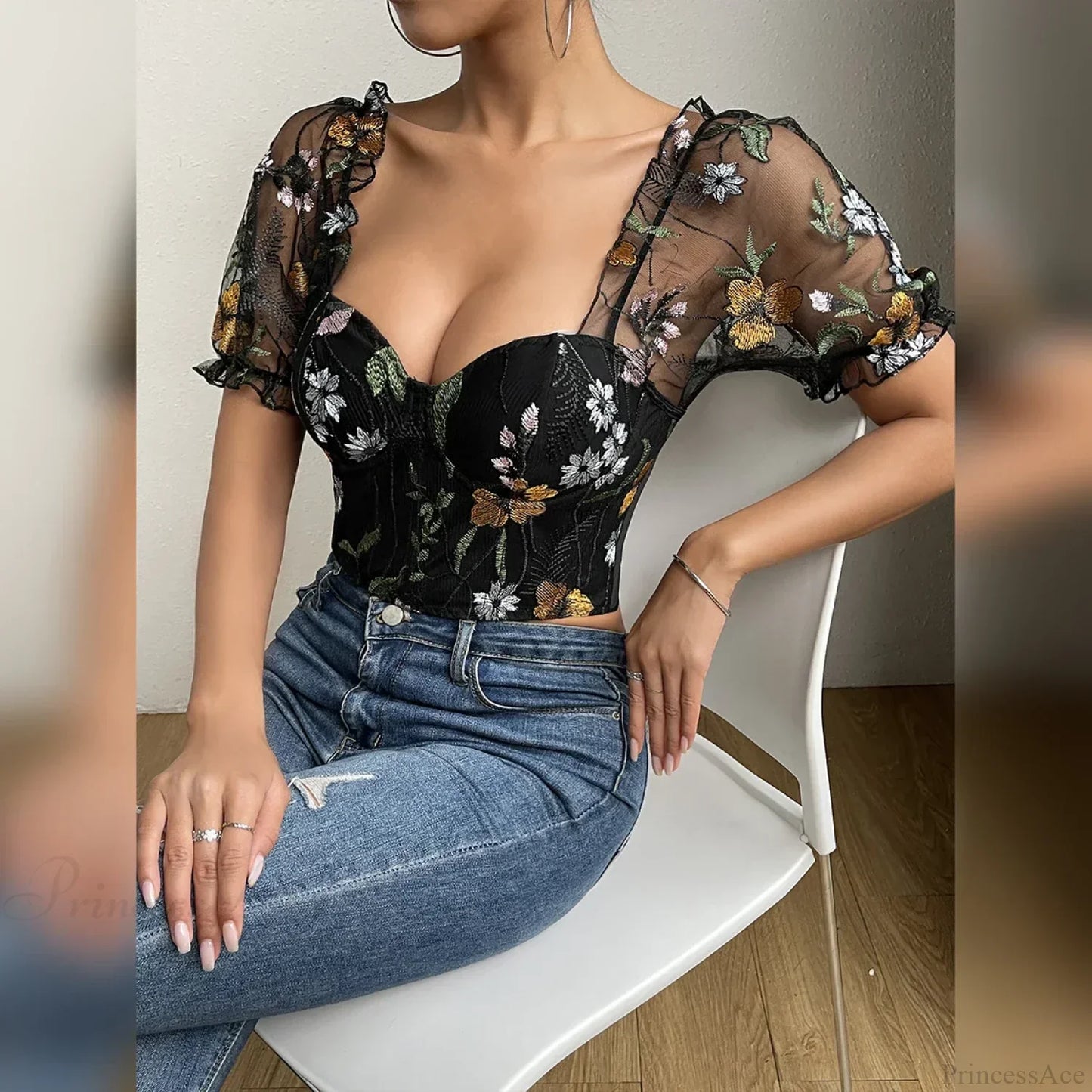 Embroidery Mesh Puff Sleeve Fishbone Corset Top
