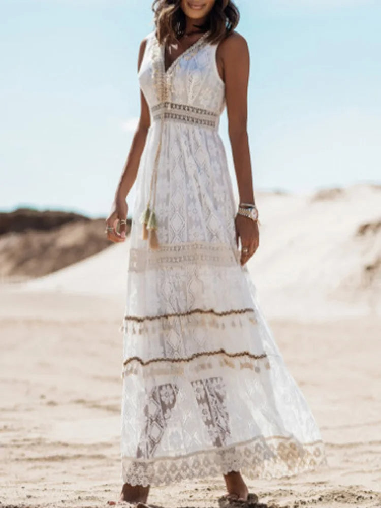 Eva | Women's V-Neck Lace Maxi Dress