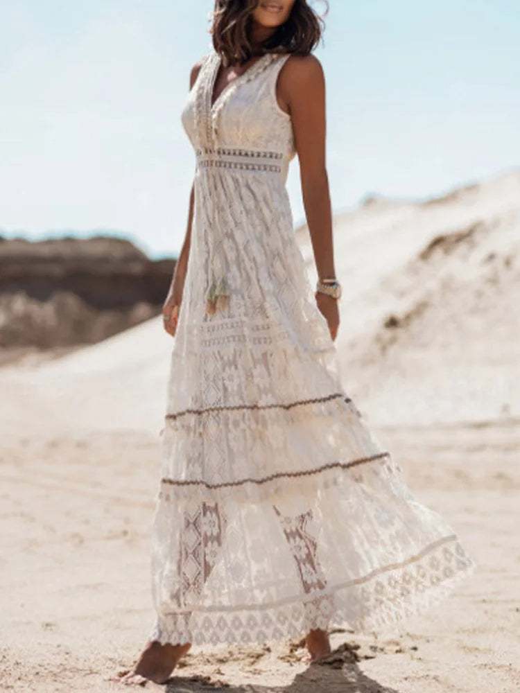 Eva | Women's V-Neck Lace Maxi Dress