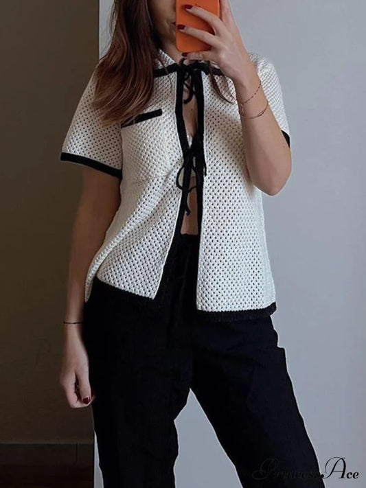 Eyelet Contrast Graceful Trim Tie-Front Cardigan