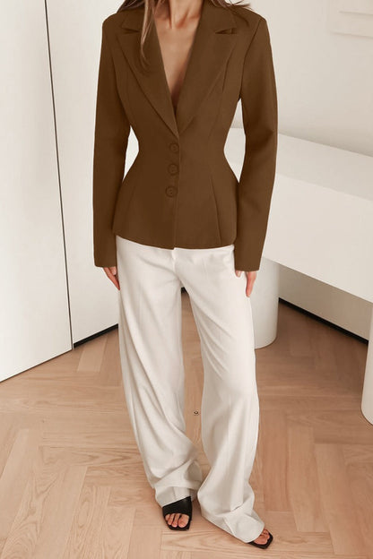 Fitted Waist V-Neck Padded Shoulder Long Sleeve Blazer